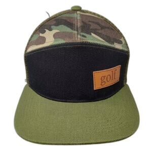 Golf Trucker Hat Green Black Camo Leather Patch Flat Brim Snapback OS Woodland